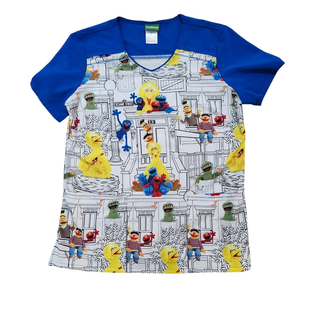 Sesame Street Scrub Top Women's M V-Neck Characters Print‎ Royal Blue